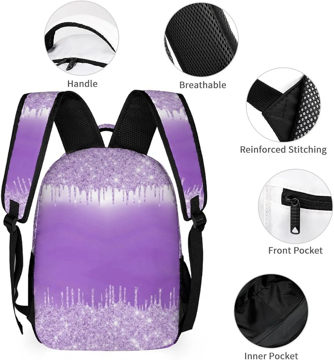 Purple Bling Sparking Print School Bag Set Custom Name Backpack Lunch Box Pencil Case, Personalized Elementary Primary Kids Book Bag
