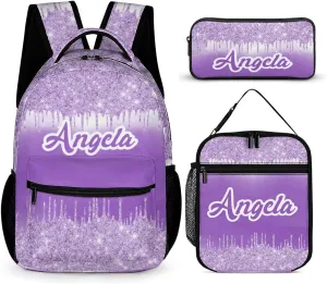 Purple Bling Sparking Print School Bag Set Custom Name Backpack Lunch Box Pencil Case, Personalized Elementary Primary Kids Book Bag