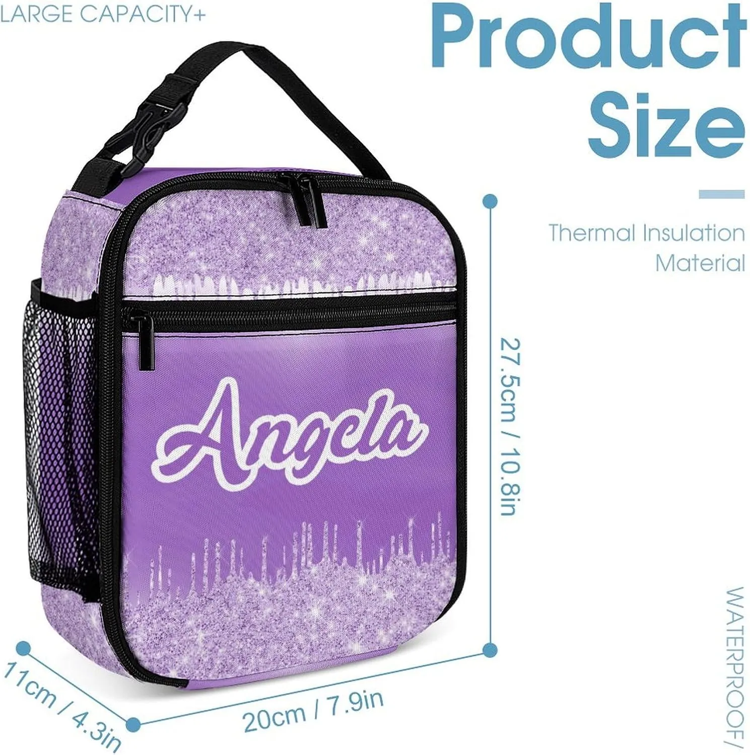 Purple Bling Sparking Print School Bag Set Custom Name Backpack Lunch Box Pencil Case, Personalized Elementary Primary Kids Book Bag