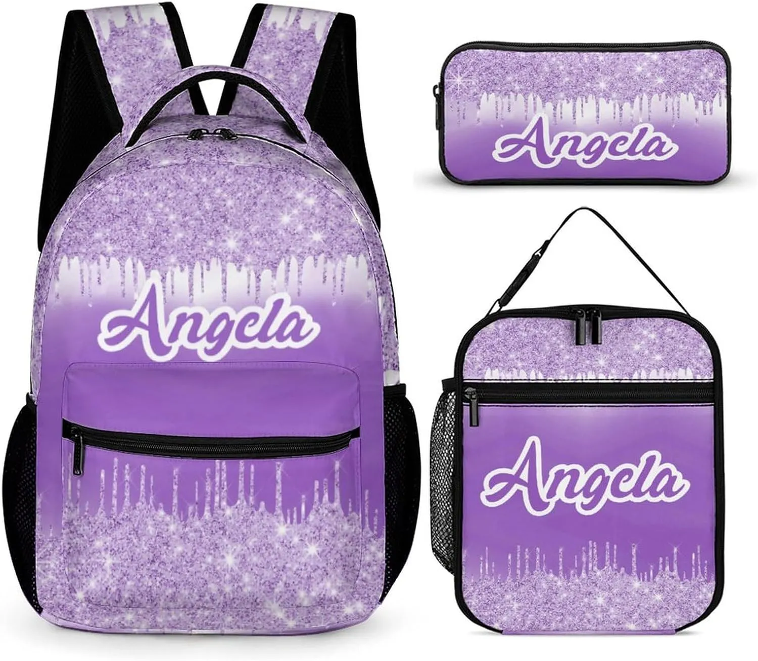 Purple Bling Sparking Print School Bag Set Custom Name Backpack Lunch Box Pencil Case, Personalized Elementary Primary Kids Book Bag