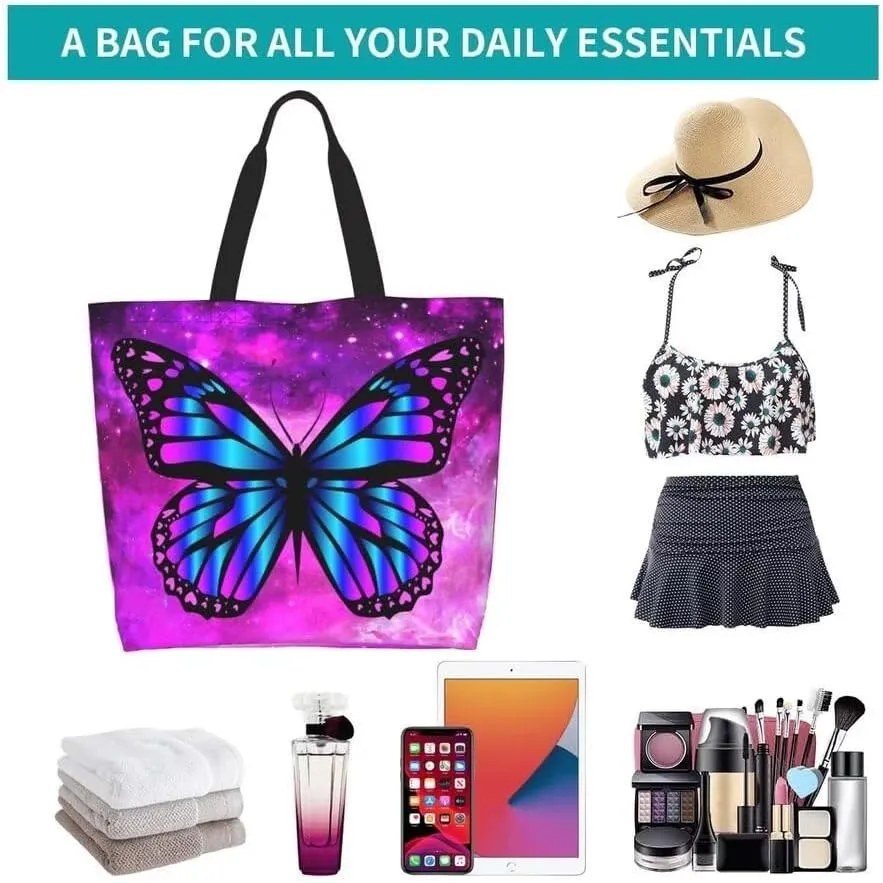 Purple Butterfly Gym Tote Bags for Women,Cute Butterfly Purse Print Shoulder Reusable Shopping Handbags Casual Travel Work Daily Waterproof Summer Grocery Bag Holiday Gifts -Large