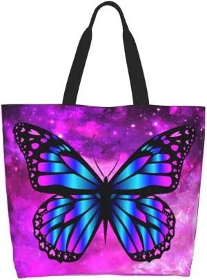 Purple Butterfly Gym Tote Bags for Women,Cute Butterfly Purse Print Shoulder Reusable Shopping Handbags Casual Travel Work Daily Waterproof Summer Grocery Bag Holiday Gifts -Large