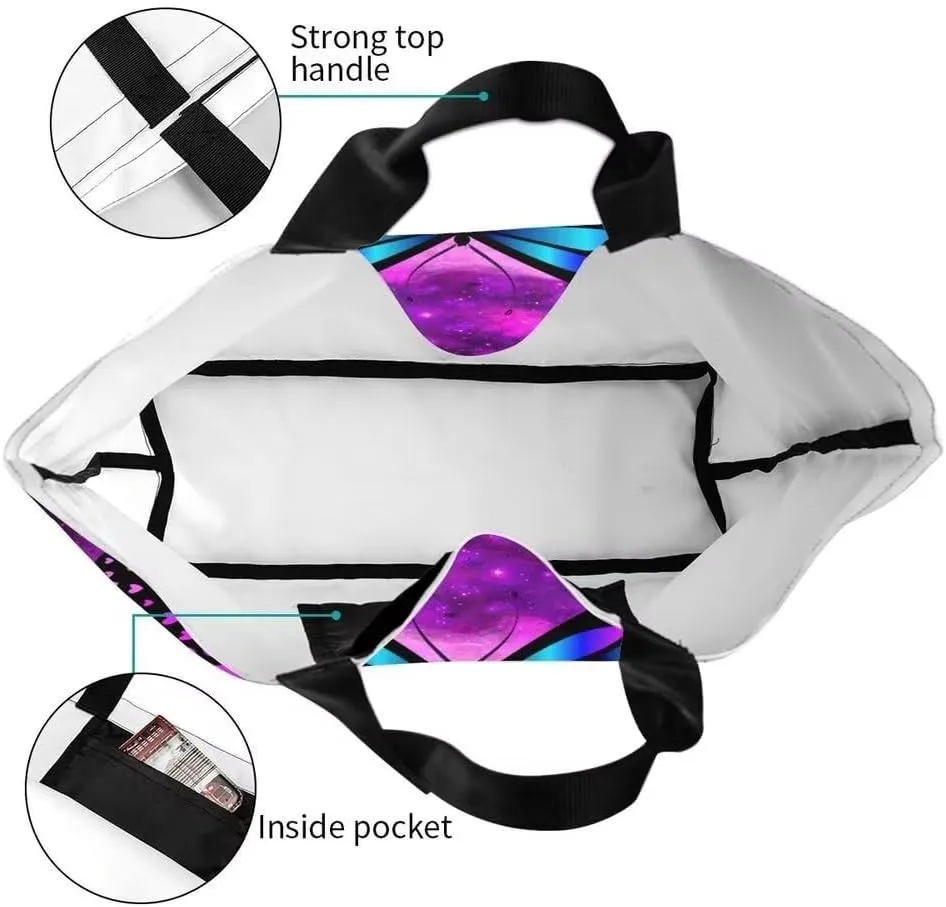 Purple Butterfly Gym Tote Bags for Women,Cute Butterfly Purse Print Shoulder Reusable Shopping Handbags Casual Travel Work Daily Waterproof Summer Grocery Bag Holiday Gifts -Large