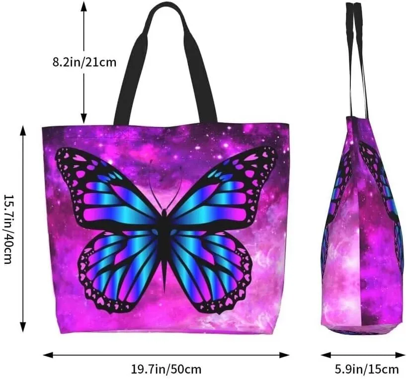 Purple Butterfly Gym Tote Bags for Women,Cute Butterfly Purse Print Shoulder Reusable Shopping Handbags Casual Travel Work Daily Waterproof Summer Grocery Bag Holiday Gifts -Large