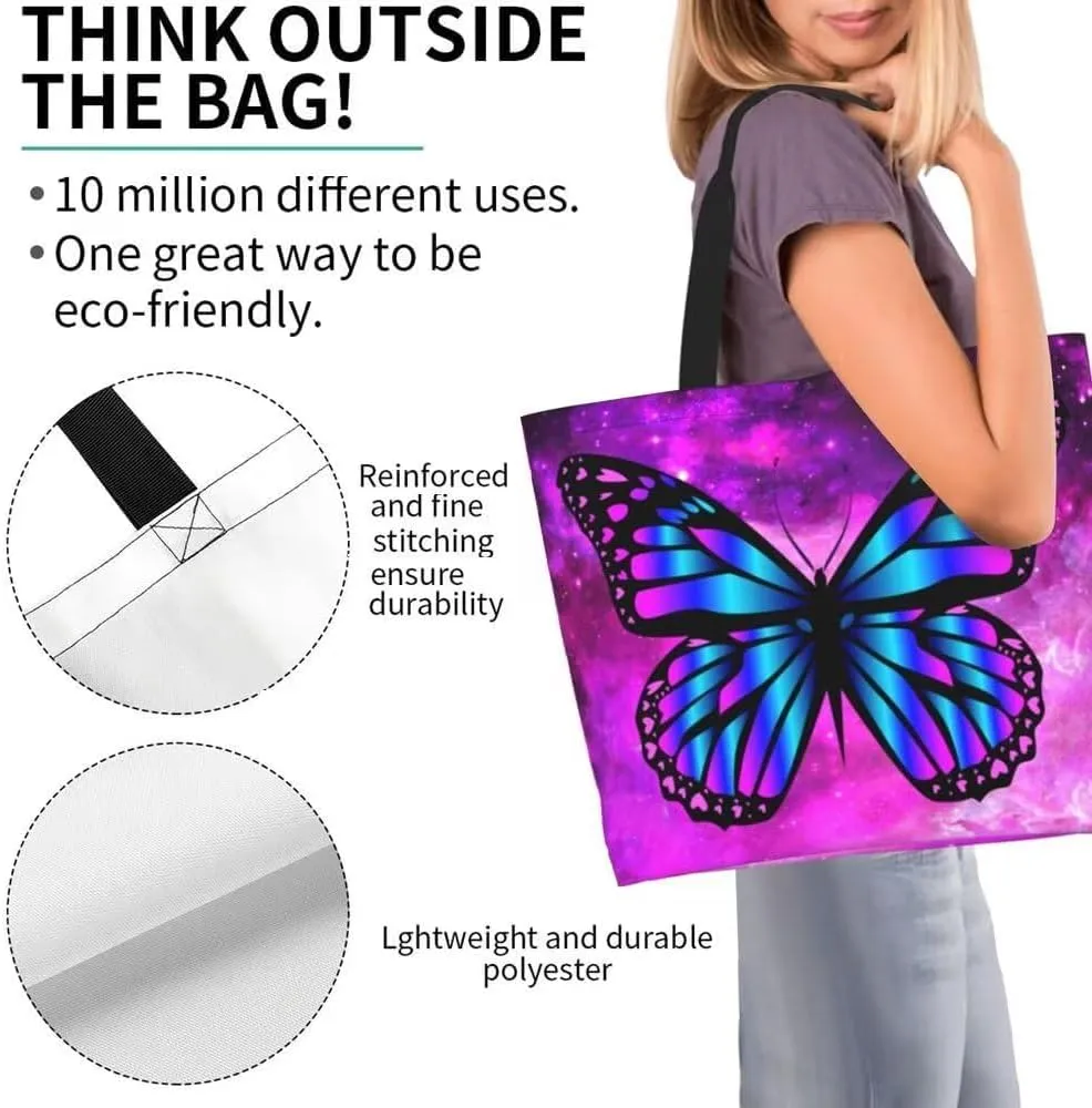 Purple Butterfly Gym Tote Bags for Women,Cute Butterfly Purse Print Shoulder Reusable Shopping Handbags Casual Travel Work Daily Waterproof Summer Grocery Bag Holiday Gifts -Large