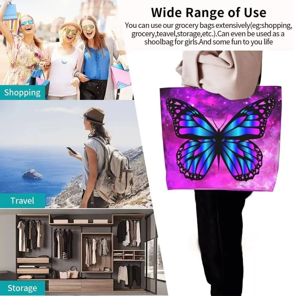 Purple Butterfly Gym Tote Bags for Women,Cute Butterfly Purse Print Shoulder Reusable Shopping Handbags Casual Travel Work Daily Waterproof Summer Grocery Bag Holiday Gifts -Large