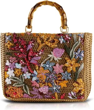 QTKJ Tote Bag for Women, Unique Embroidered Patchwork Straw Bag with Bamboo Handle, Square Beach Bag for Important Occasions, Work, Travel(Style 1), Color, One Size