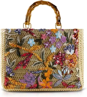 QTKJ Tote Bag for Women, Unique Embroidered Patchwork Straw Bag with Bamboo Handle, Square Beach Bag for Important Occasions, Work, Travel(Style 2), Color, One Size