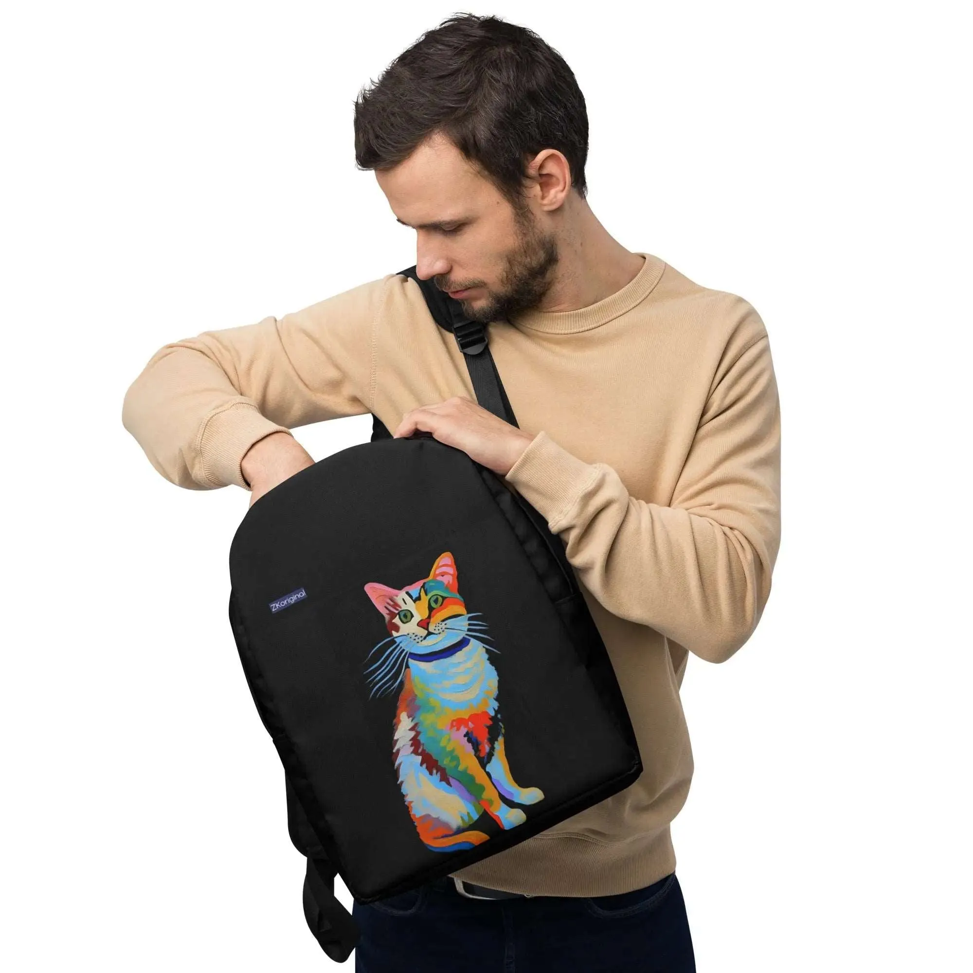 "Cat Lovers" Collection - Black Minimalist Backpack with Cat