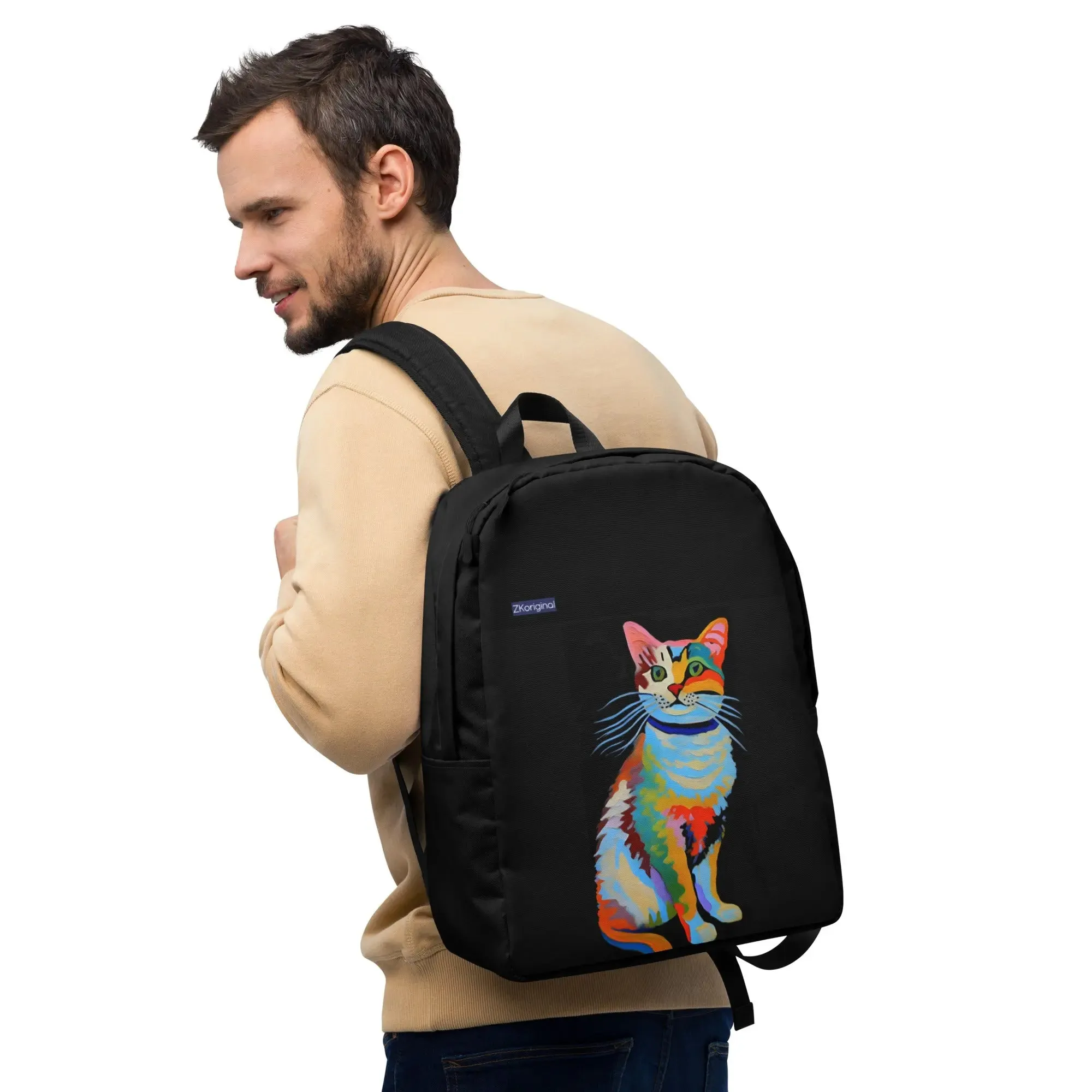 "Cat Lovers" Collection - Black Minimalist Backpack with Cat