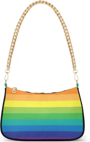 Rainbow Stripes Colorful Shoulder Handbags for Women Travel Hobo Tote Handbag Women Gold Chain Shoulder Bags Purse with Zipper Closure