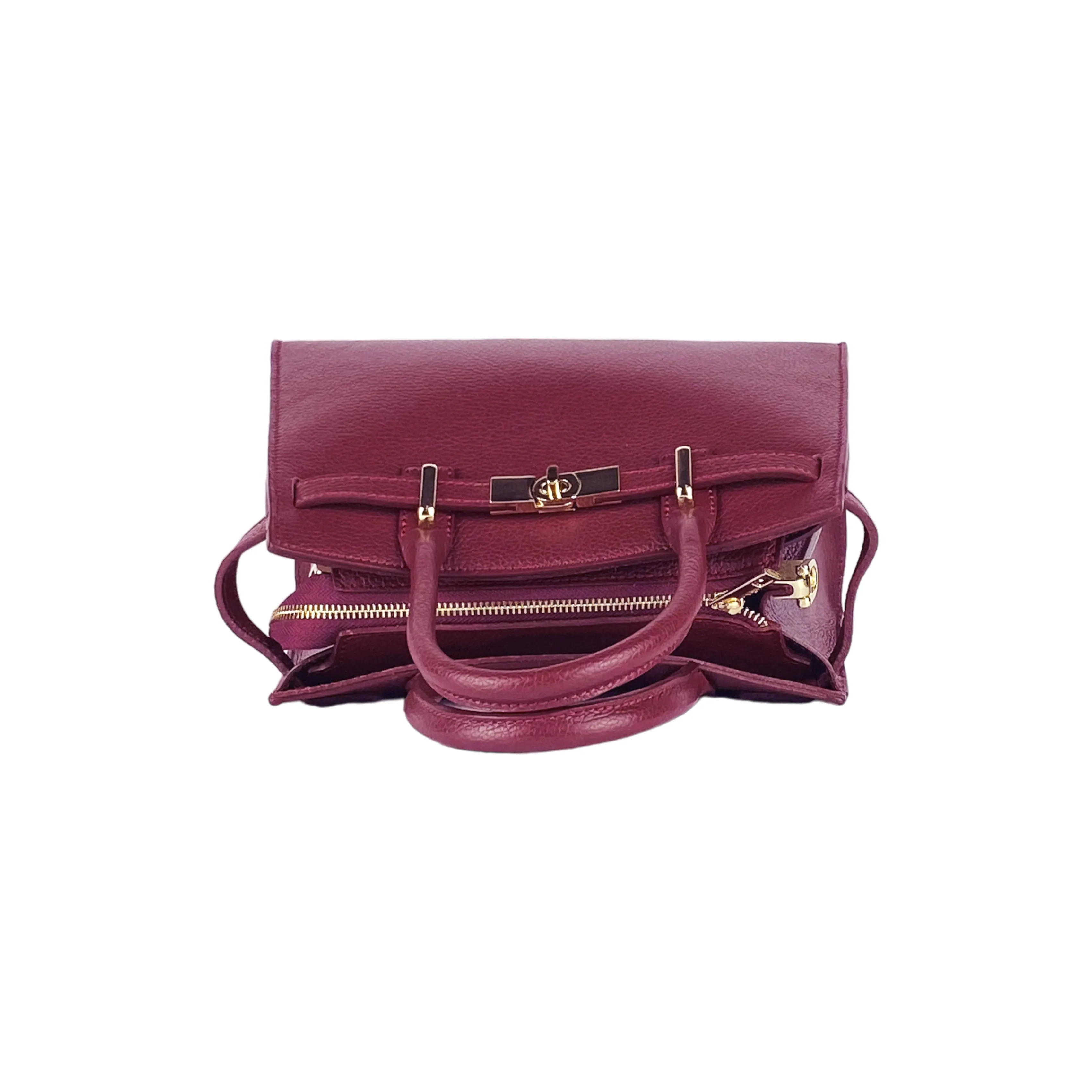 RB1016X | Women's handbag in genuine leather Made in Italy with removable shoulder strap. Attachments with shiny gold metal snap hooks. Bordeaux colour. Dimensions: 28 x 20 x 14   12.5 cm