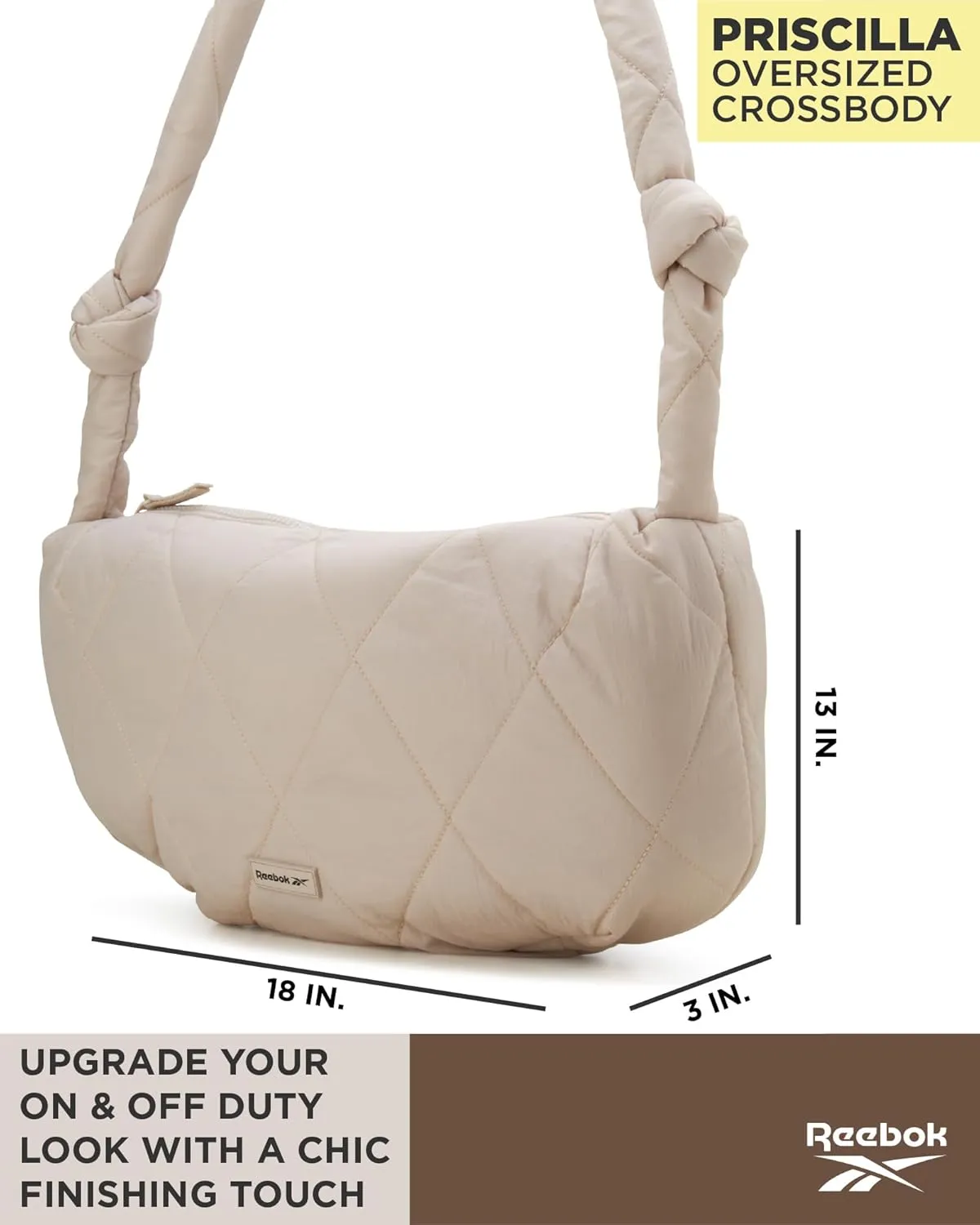 Reebok Womens Crossbody Bag - Oversized Quilted Puffer Tote Bag for Women, Large Shoulder Purse for Gym Travel & Everyday Use