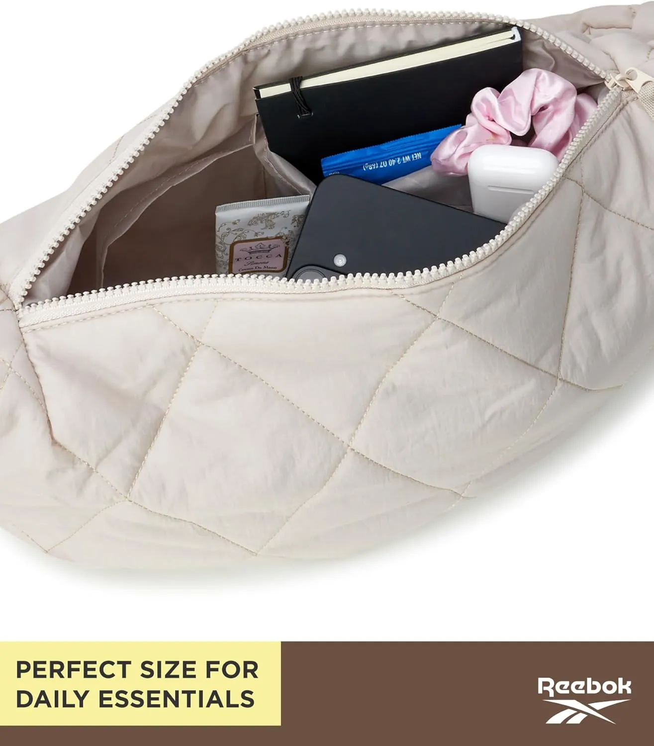 Reebok Womens Crossbody Bag - Oversized Quilted Puffer Tote Bag for Women, Large Shoulder Purse for Gym Travel & Everyday Use