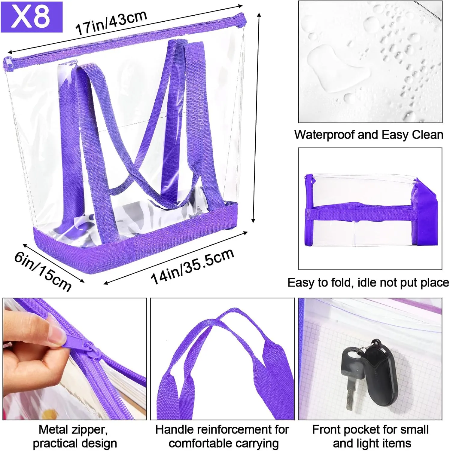 Reginary 8 Pieces Clear Tote Bags Shoulder Handbag Security Approved See Through Bag with Zipper Closure for Travel Work