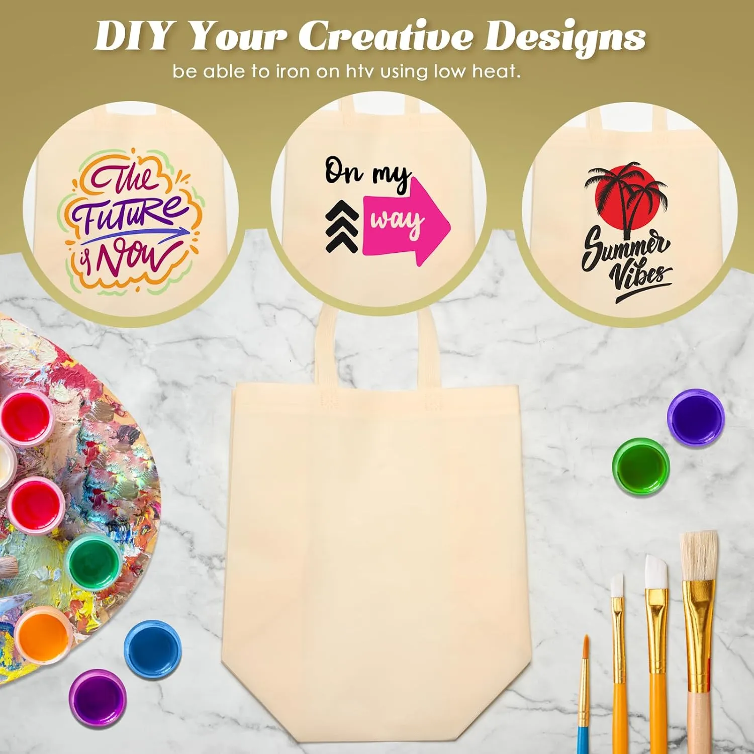 Reginary Reusable Totes Bags - 100 Pcs Non Woven Grocery Handle Bags for Shop Events & Retail Store(Beige)