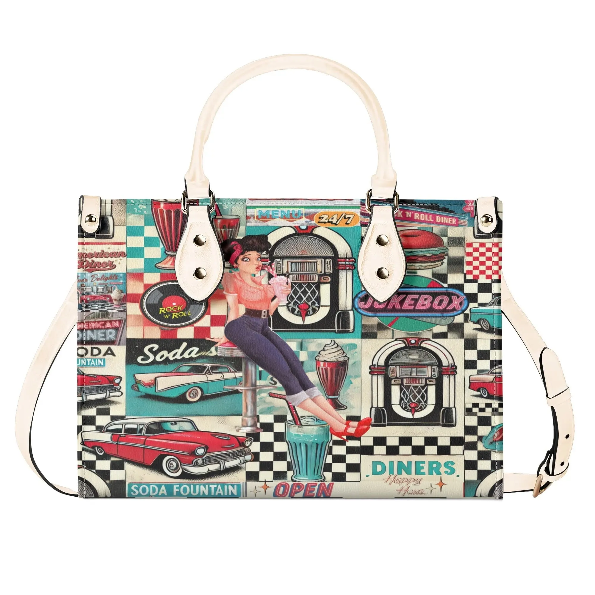 Retro 50s Diner Handbag, Mid Century Modern Rockabilly Purse, Vintage Soda Fountain Jukebox Bag, Pin-Up Rock and Roll Style Satchel
