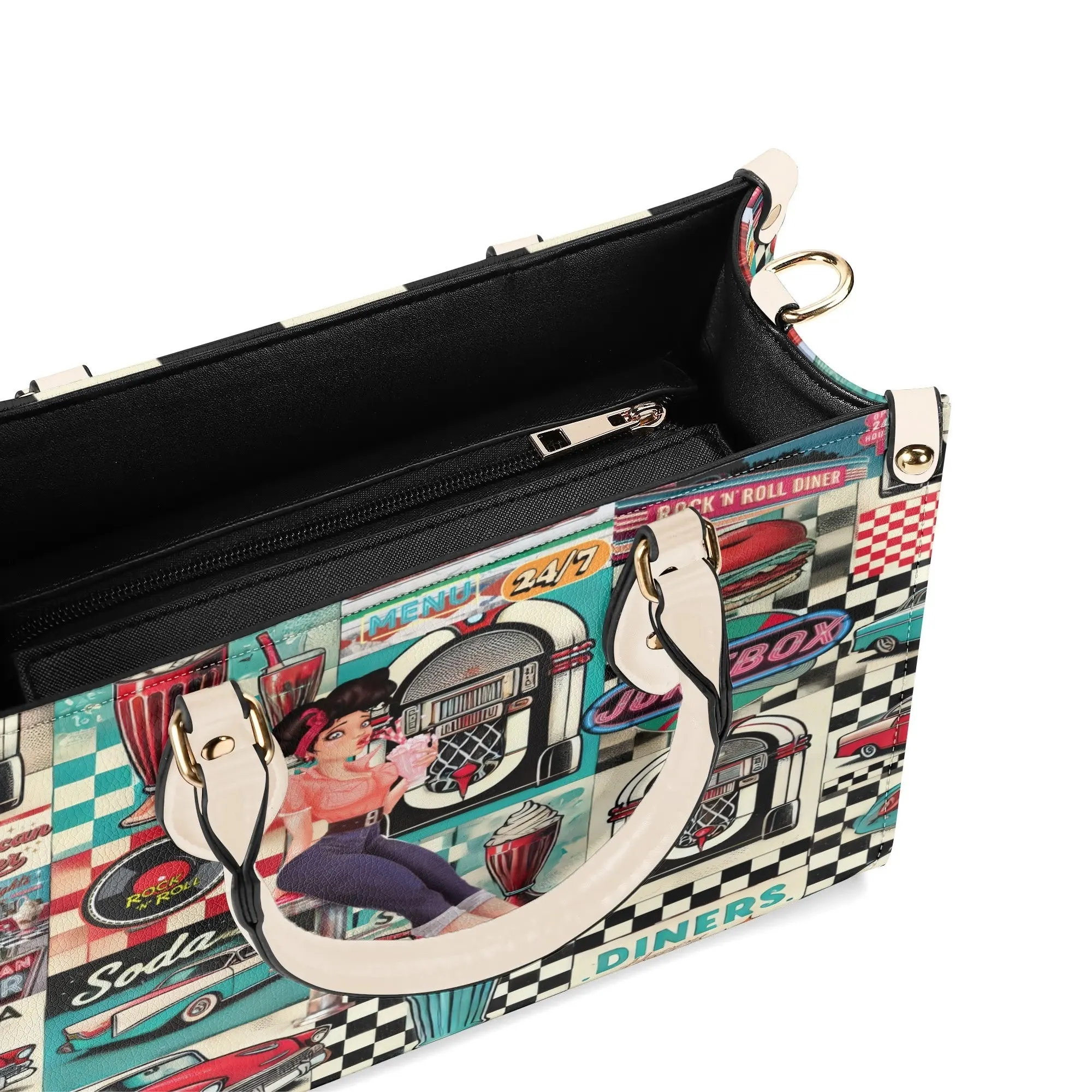 Retro 50s Diner Handbag, Mid Century Modern Rockabilly Purse, Vintage Soda Fountain Jukebox Bag, Pin-Up Rock and Roll Style Satchel