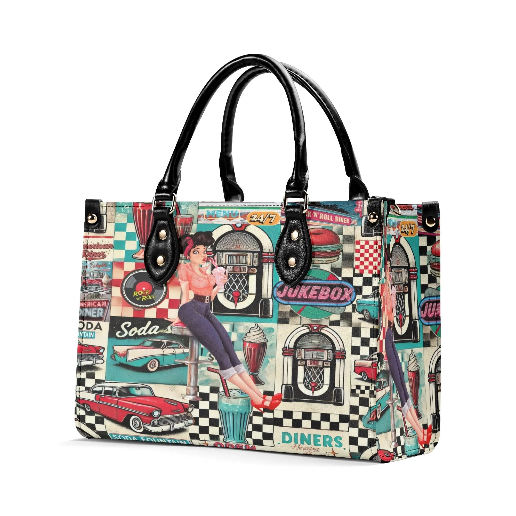 Retro 50s Diner Handbag, Mid Century Modern Rockabilly Purse, Vintage Soda Fountain Jukebox Bag, Pin-Up Rock and Roll Style Satchel
