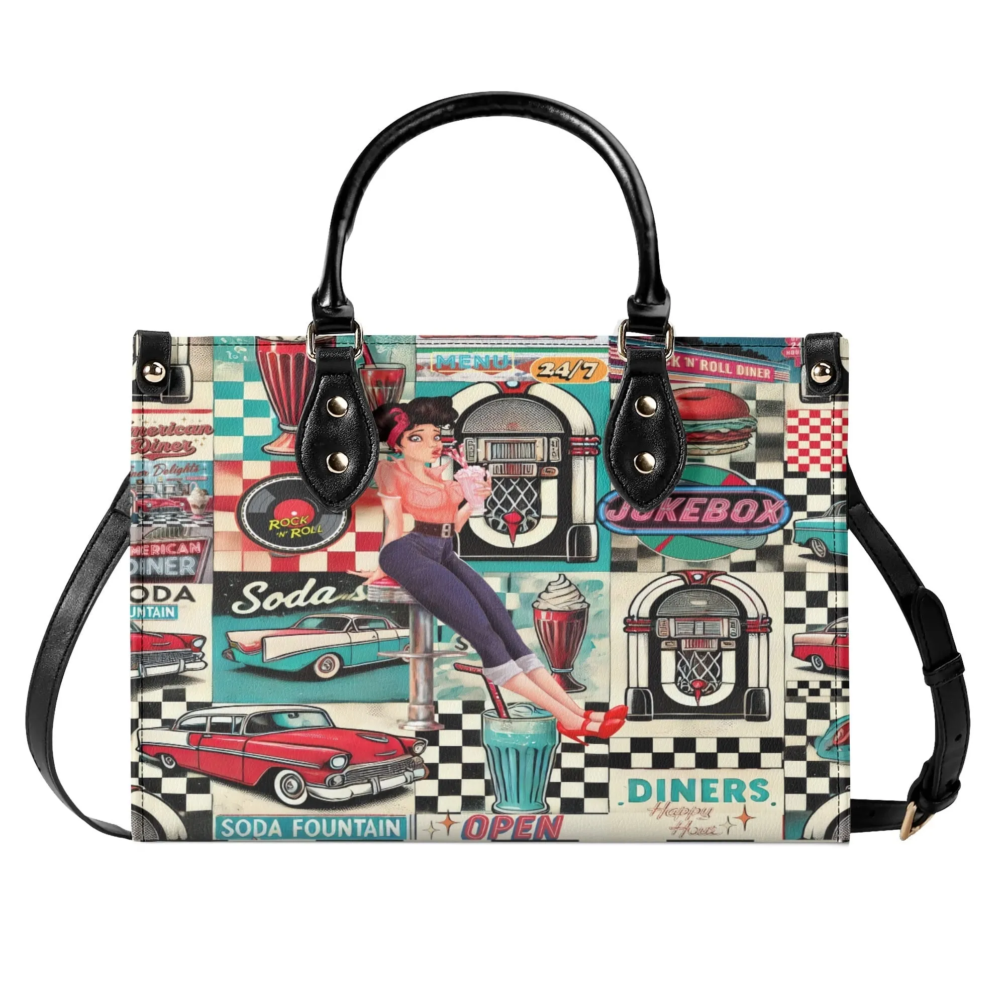 Retro 50s Diner Handbag, Mid Century Modern Rockabilly Purse, Vintage Soda Fountain Jukebox Bag, Pin-Up Rock and Roll Style Satchel