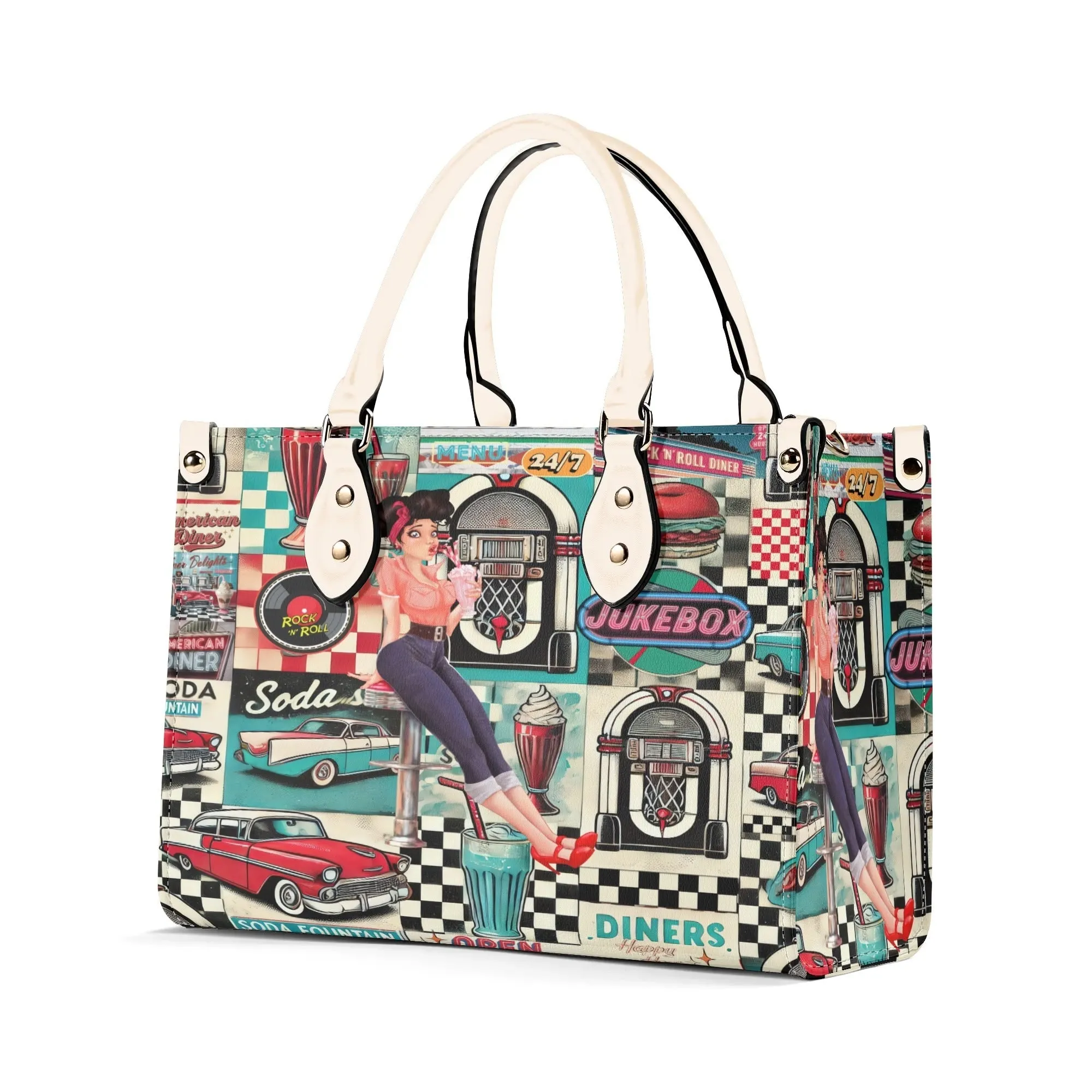 Retro 50s Diner Handbag, Mid Century Modern Rockabilly Purse, Vintage Soda Fountain Jukebox Bag, Pin-Up Rock and Roll Style Satchel