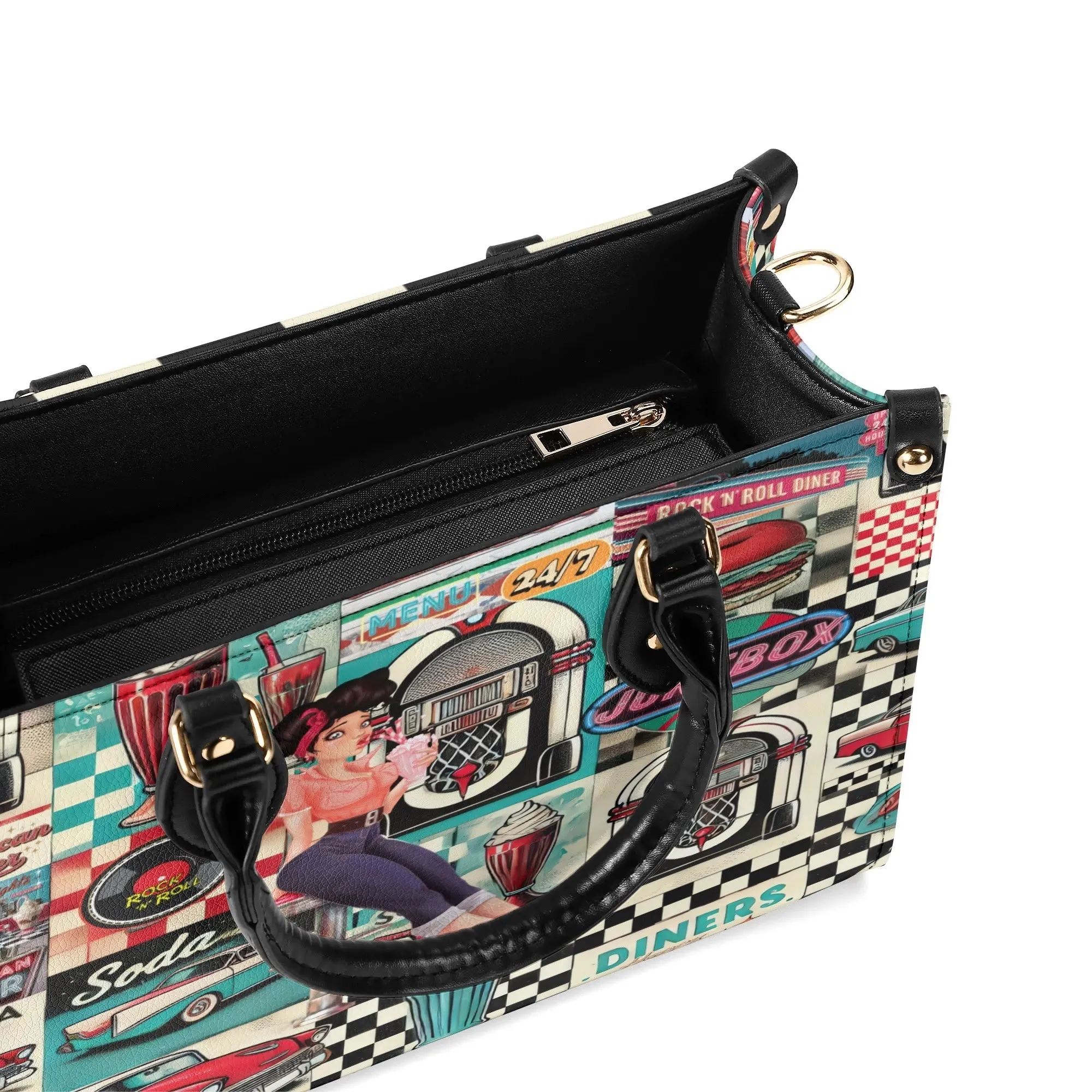 Retro 50s Diner Handbag, Mid Century Modern Rockabilly Purse, Vintage Soda Fountain Jukebox Bag, Pin-Up Rock and Roll Style Satchel