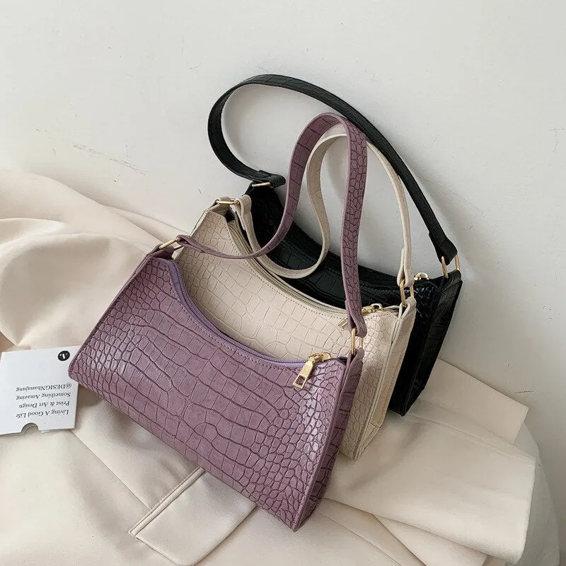 Retro Crocodile Pattern Shoulder Bag For Women PU Leather Armpit Bag France Baguette Bag Casual Female Handbags Advanced Totes