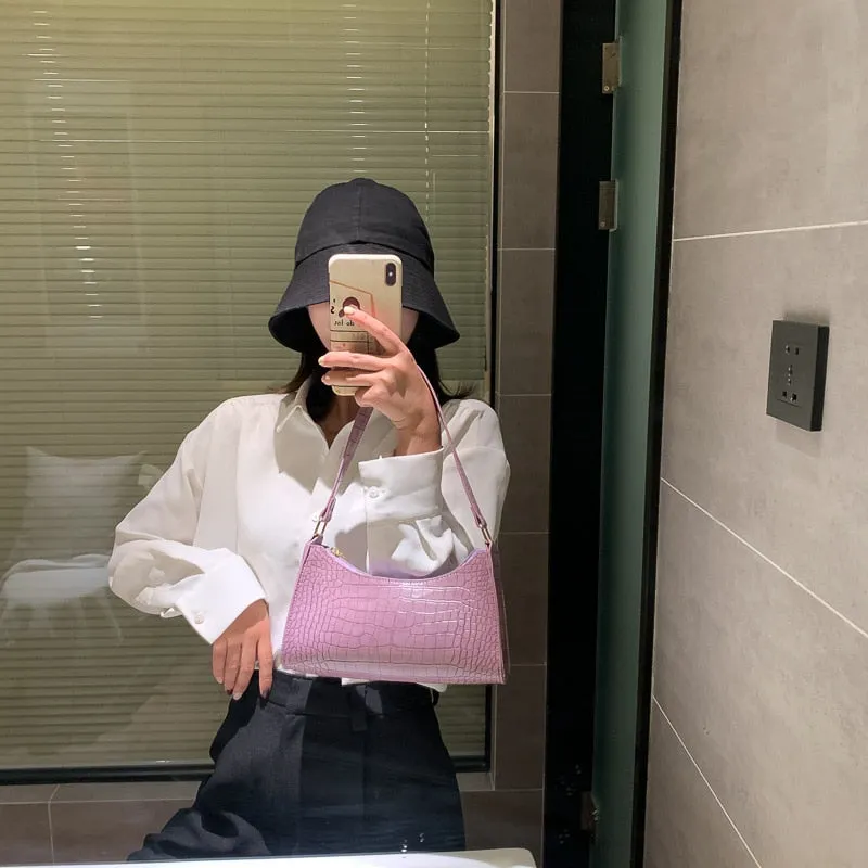 Retro Crocodile Pattern Shoulder Bag For Women PU Leather Armpit Bag France Baguette Bag Casual Female Handbags Advanced Totes