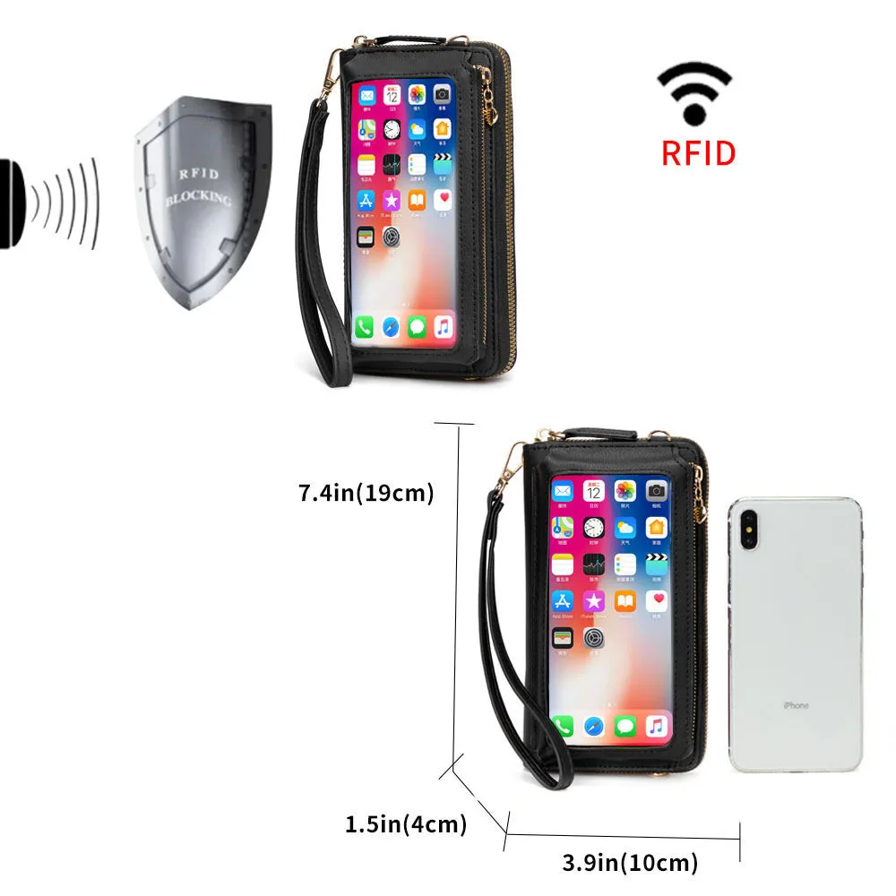 RFID Korean Version PU Ladies Multifunctional Wallet Large Capacity Ladies Touch Screen Mobile Phone Bag Single Shoulder Diagonal Small Bag