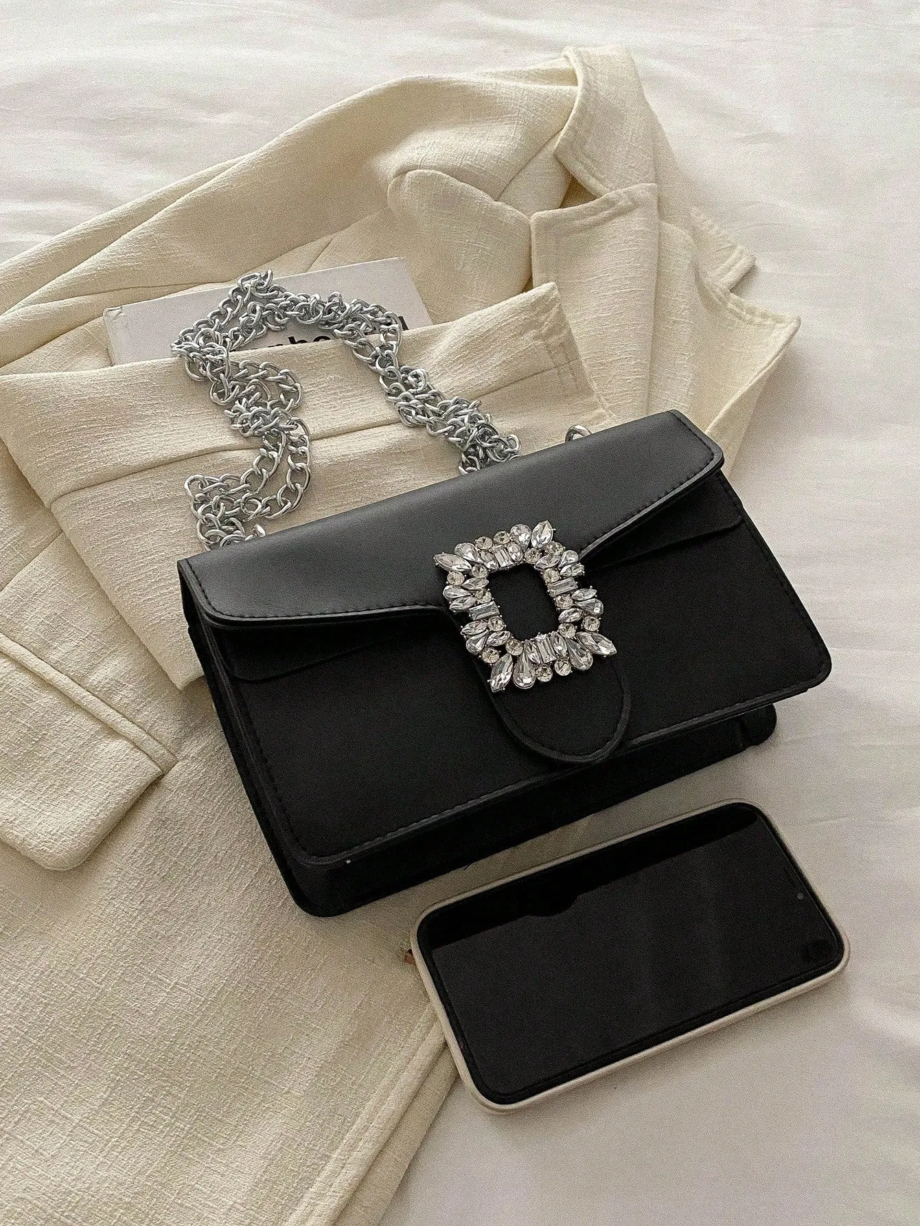 Rhinestone Decor Crossbody Bag - Black- FD ⚡
