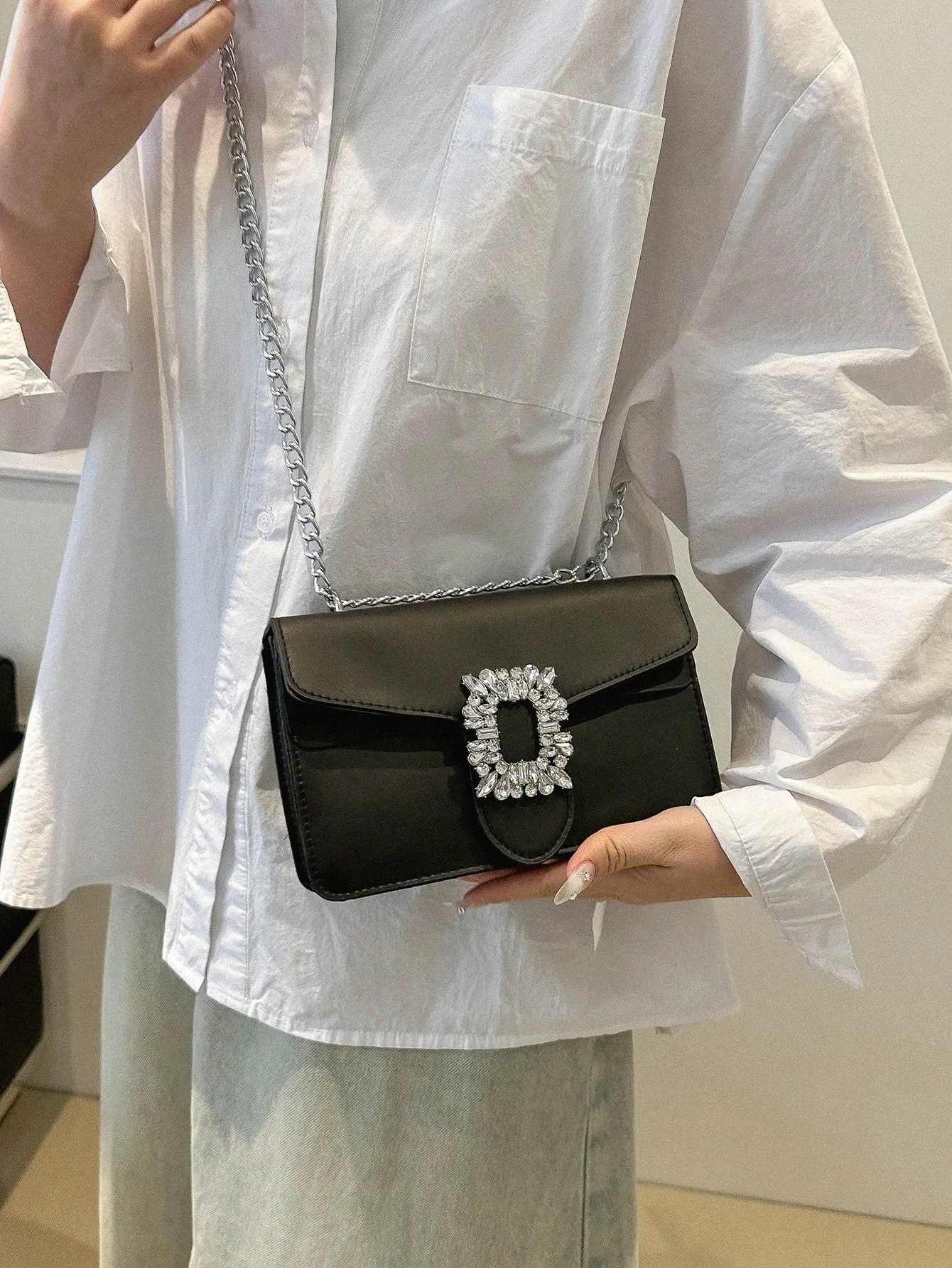 Rhinestone Decor Crossbody Bag - Black- FD ⚡