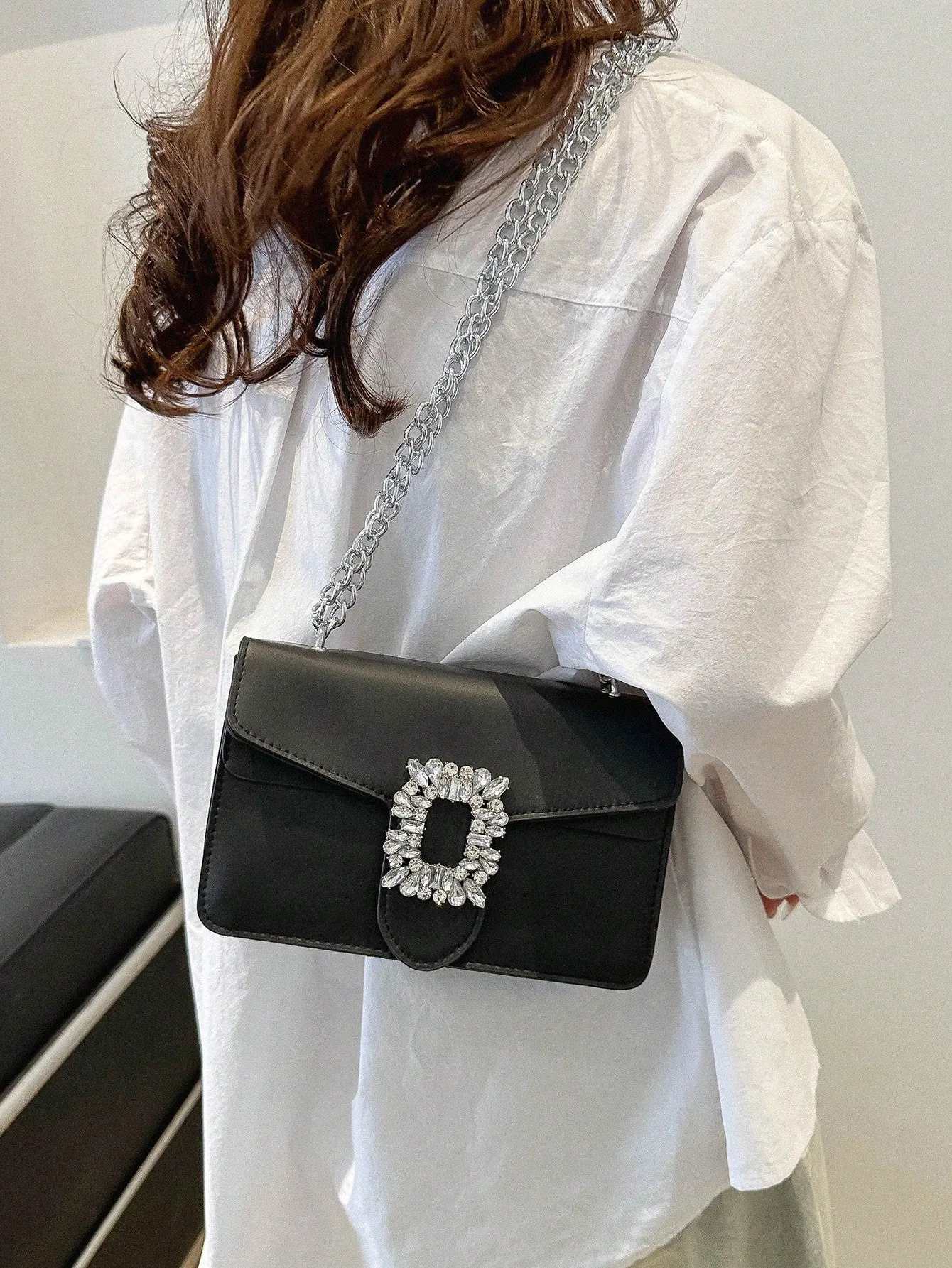 Rhinestone Decor Crossbody Bag - Black- FD ⚡