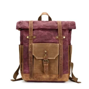 Roll Top Waxed Canvas Backpack Mens-Wine Red