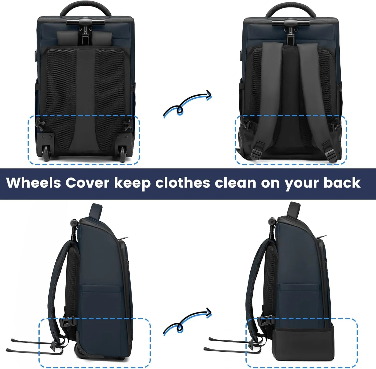 Rolling Backpack, Waterproof Backpack with Wheels for Business Commuter, Carry on Backpack with Laptop Compartment, Fit 15.6 Inch Laptop, Wheeled Backpack for Adults