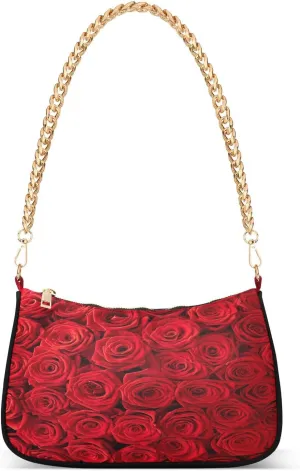 Roses Background Red Flowers Shoulder Handbags for Women Travel Hobo Tote Handbag Women Gold Chain Shoulder Bags Purse with Zipper Closure