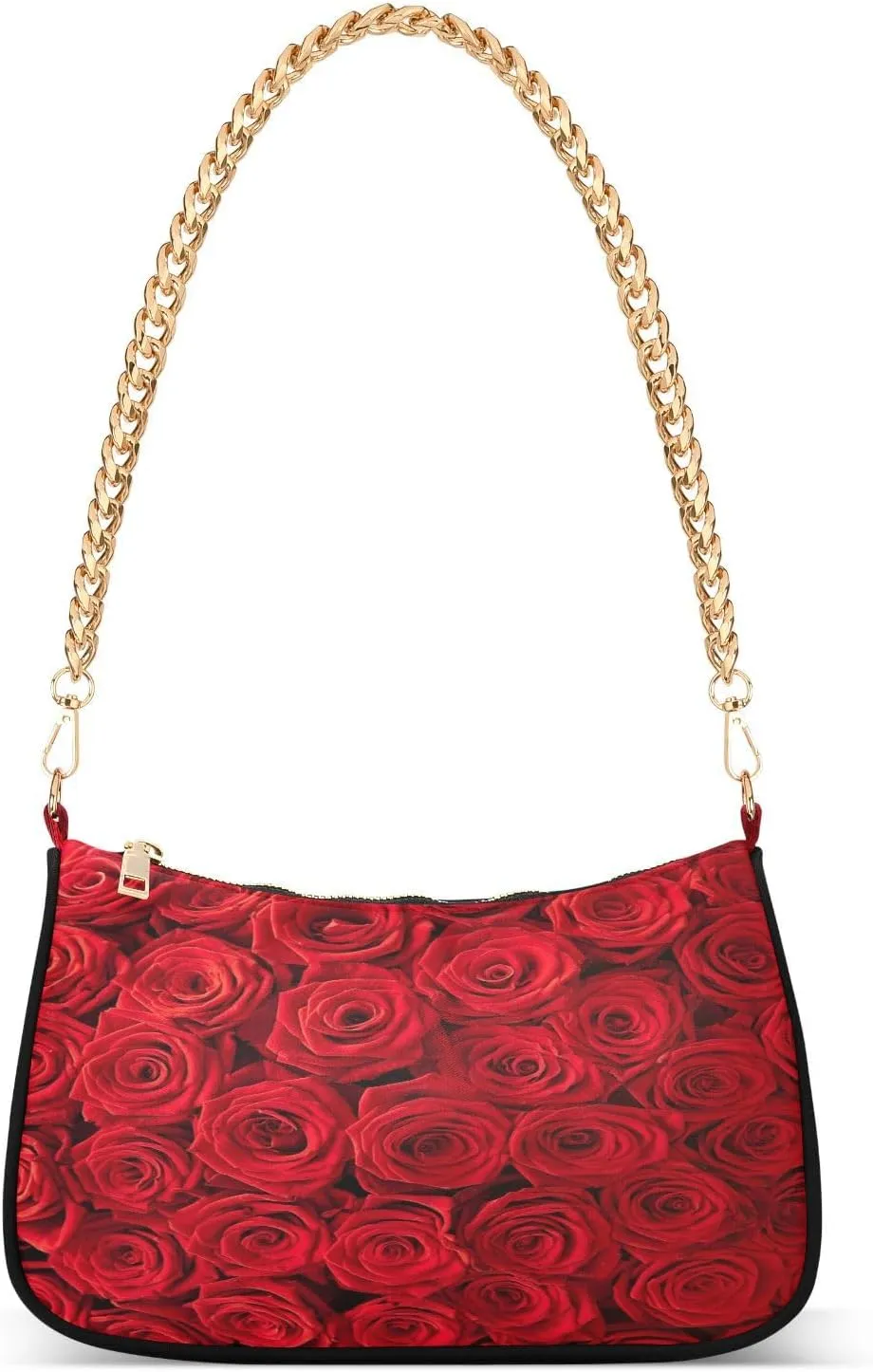 Roses Background Red Flowers Shoulder Handbags for Women Travel Hobo Tote Handbag Women Gold Chain Shoulder Bags Purse with Zipper Closure