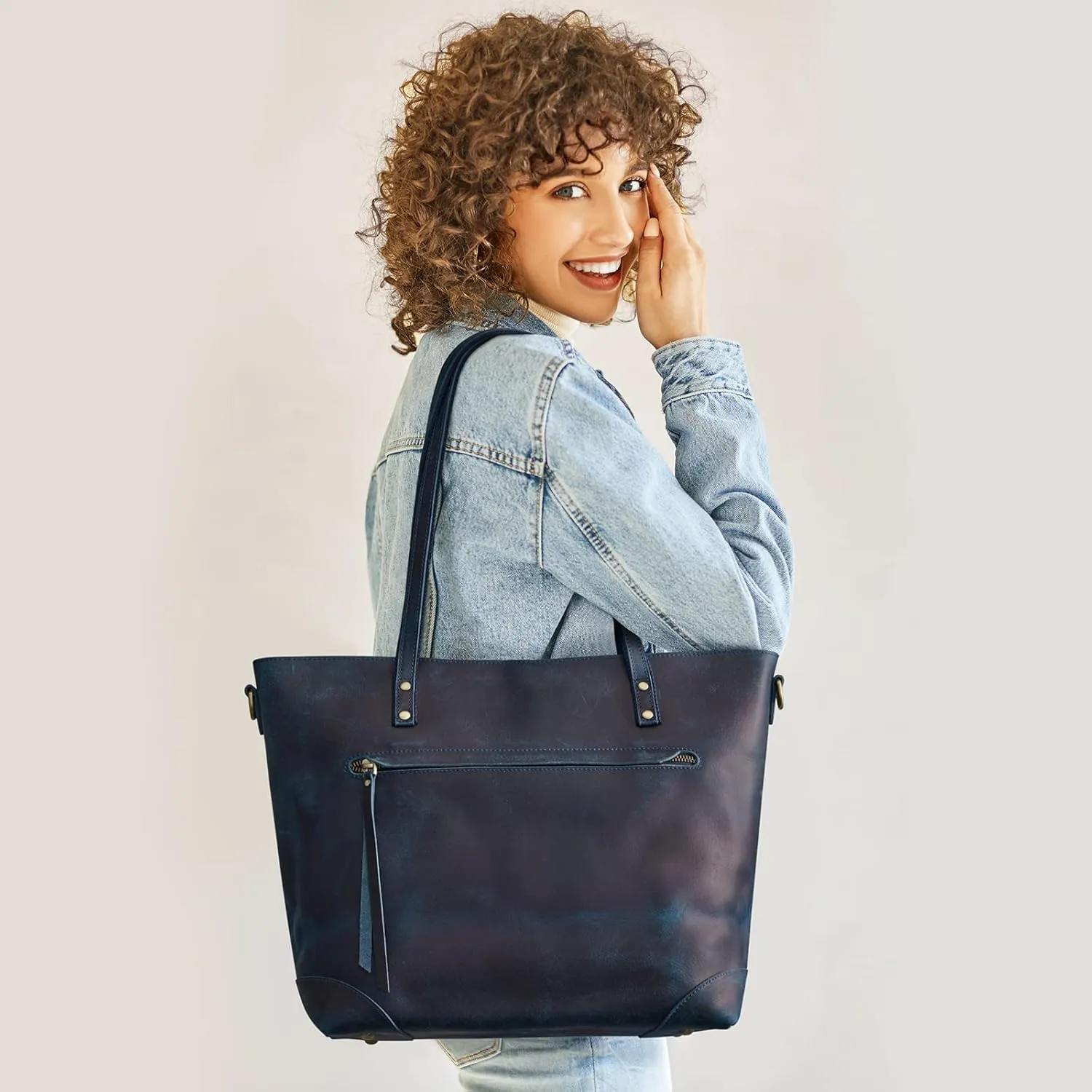 S-ZONE Vintage Genuine Leather Shoulder Bag Work Totes for Women Purse Handbag with Back Zipper Pocket Large