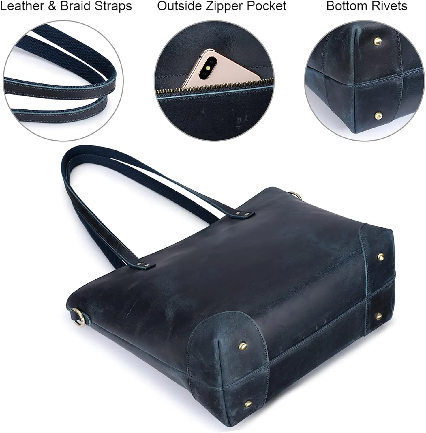 S-ZONE Vintage Genuine Leather Shoulder Bag Work Totes for Women Purse Handbag with Back Zipper Pocket Large