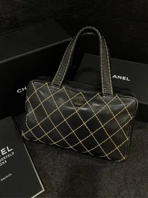 SALE🤑❗️Chanel Vintage Stitches Boston Bowling Bag Black Leather