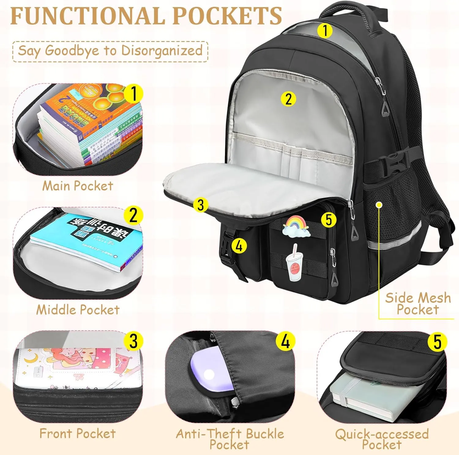 School Backpack for Girls - 5pcs Cute Girls Backpack with Lunch Box for Teens Kids Elementary Middle School - 17″ Students Bookbag Travel Back Pack for Age 6-18