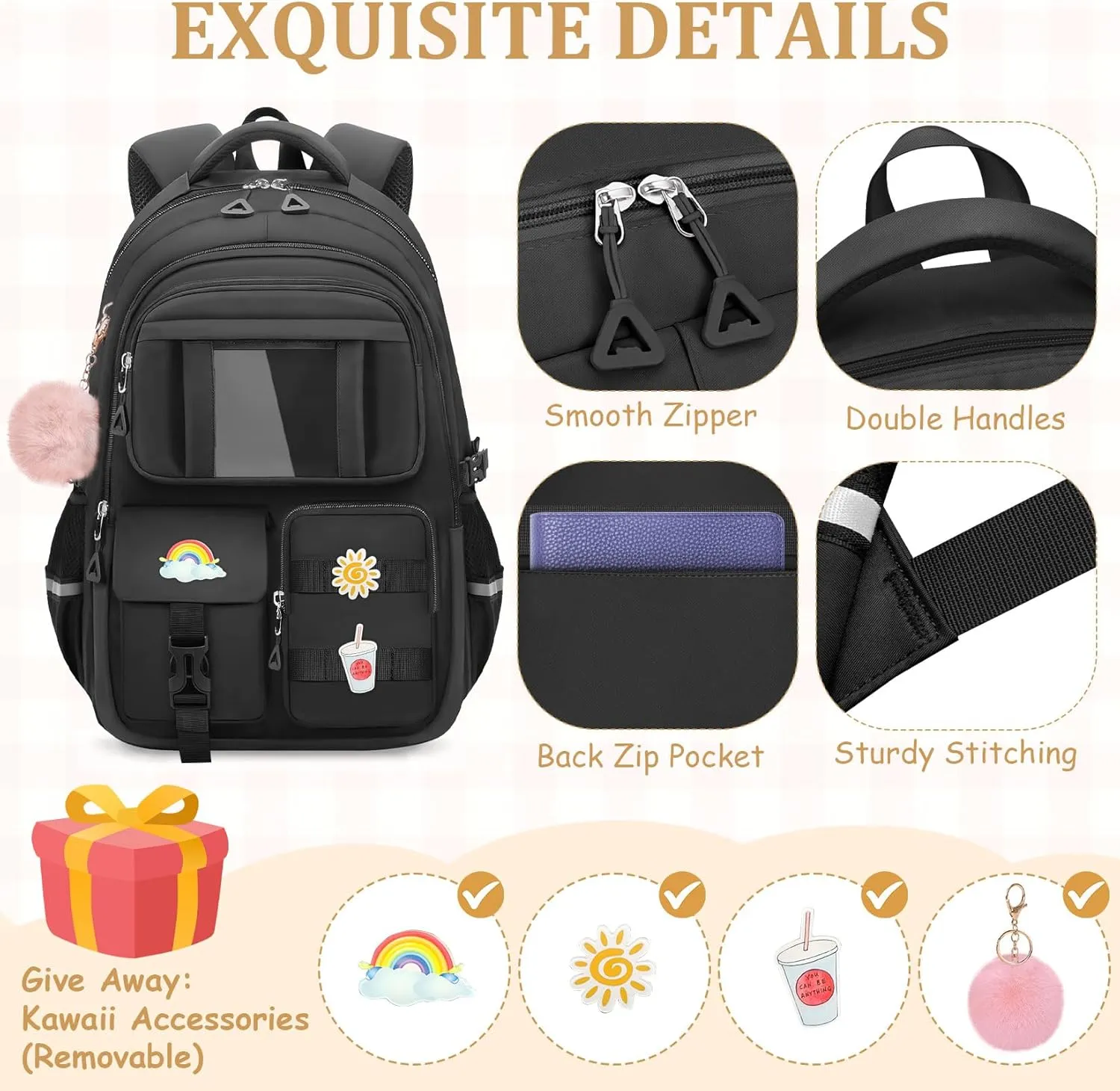 School Backpack for Girls - 5pcs Cute Girls Backpack with Lunch Box for Teens Kids Elementary Middle School - 17″ Students Bookbag Travel Back Pack for Age 6-18