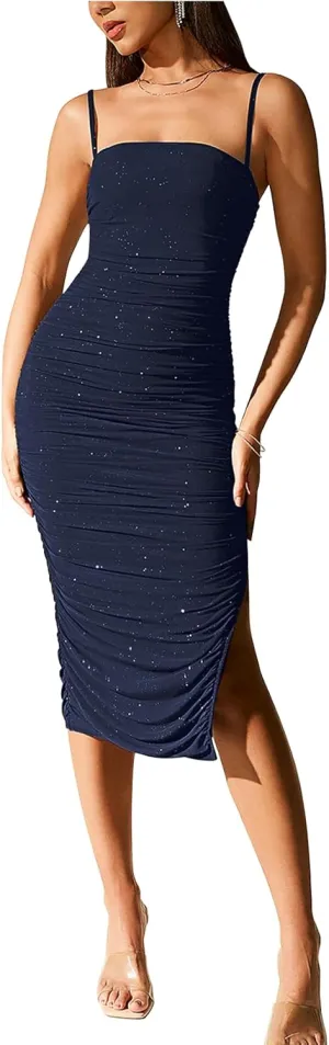 Sequin Bodycon Midi Dress for Women Sexy Sparkly Ruched Mesh Foramal Prom Cocktail Party Dresses