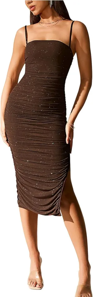 Sequin Bodycon Midi Dress for Women Sexy Sparkly Ruched Mesh Foramal Prom Cocktail Party Dresses