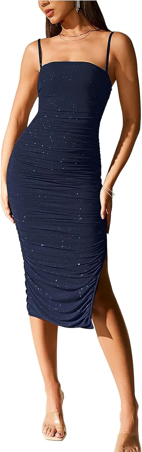 Sequin Bodycon Midi Dress for Women Sexy Sparkly Ruched Mesh Foramal Prom Cocktail Party Dresses