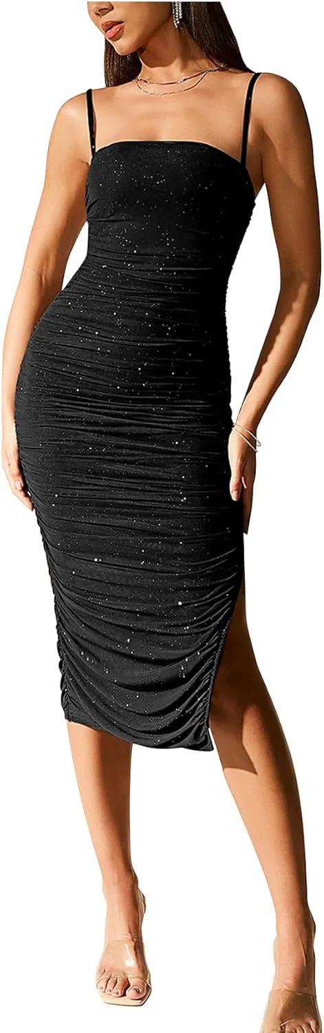 Sequin Bodycon Midi Dress for Women Sexy Sparkly Ruched Mesh Foramal Prom Cocktail Party Dresses