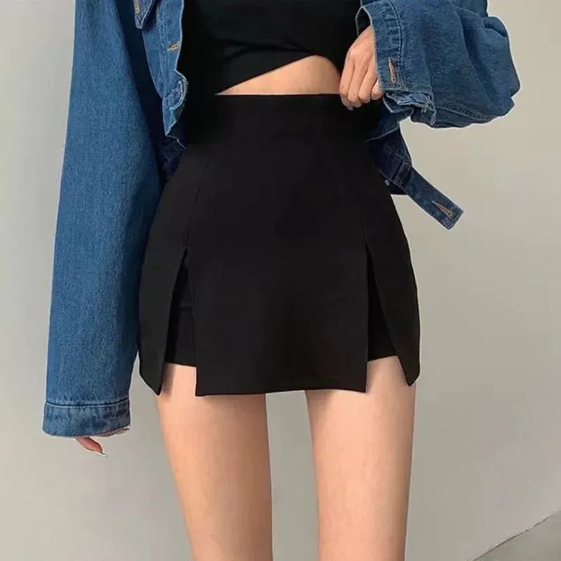 Sexy Split Mini Skirt Women Korean High Waist Streetwear Casual Black Short Skirts Fashion Office Lady All-Match A Line Skirts