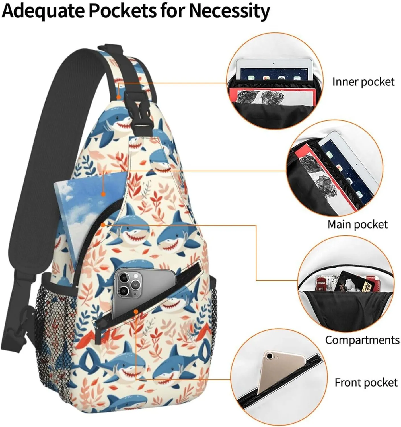 Sharks Backpack Travel Hiking Daypack Chest Bags Crossbody Shoulder Bag