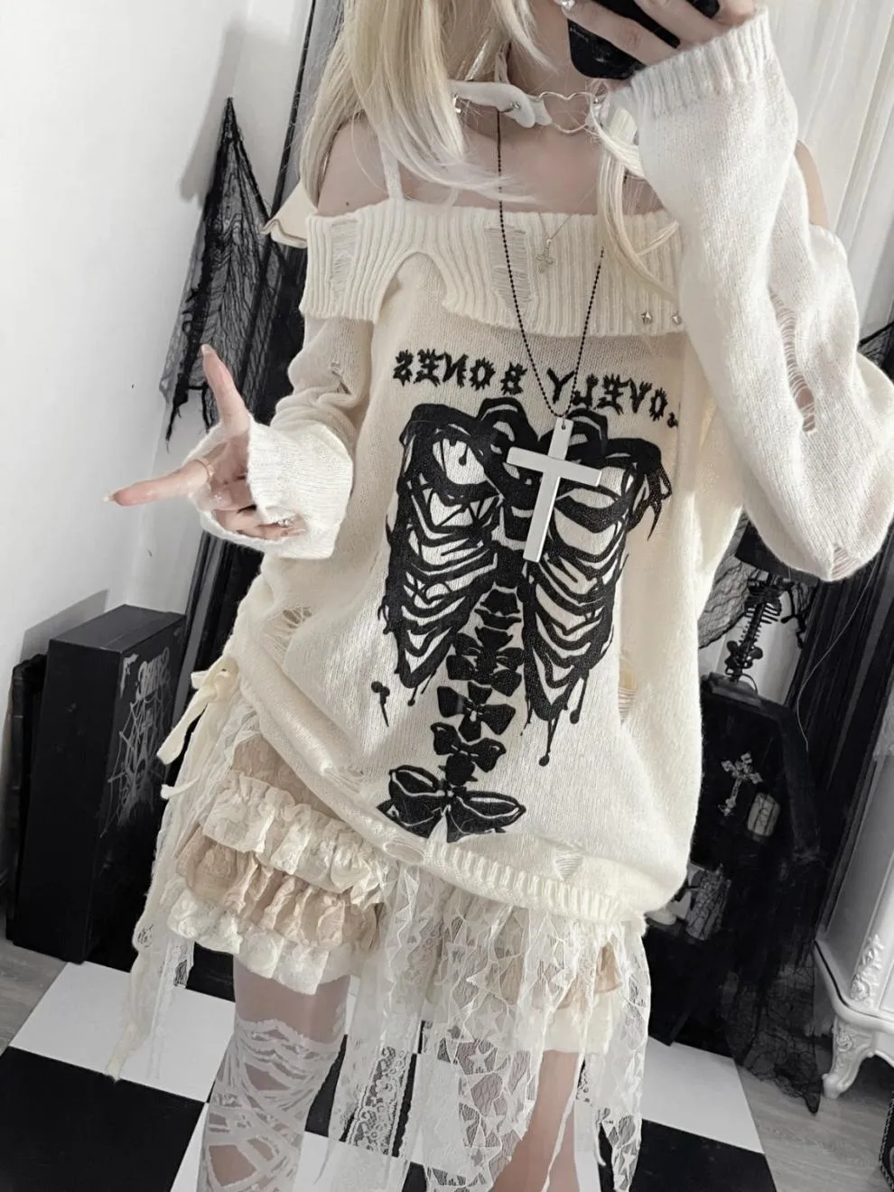 Skeleton Love Ripped Sweater
