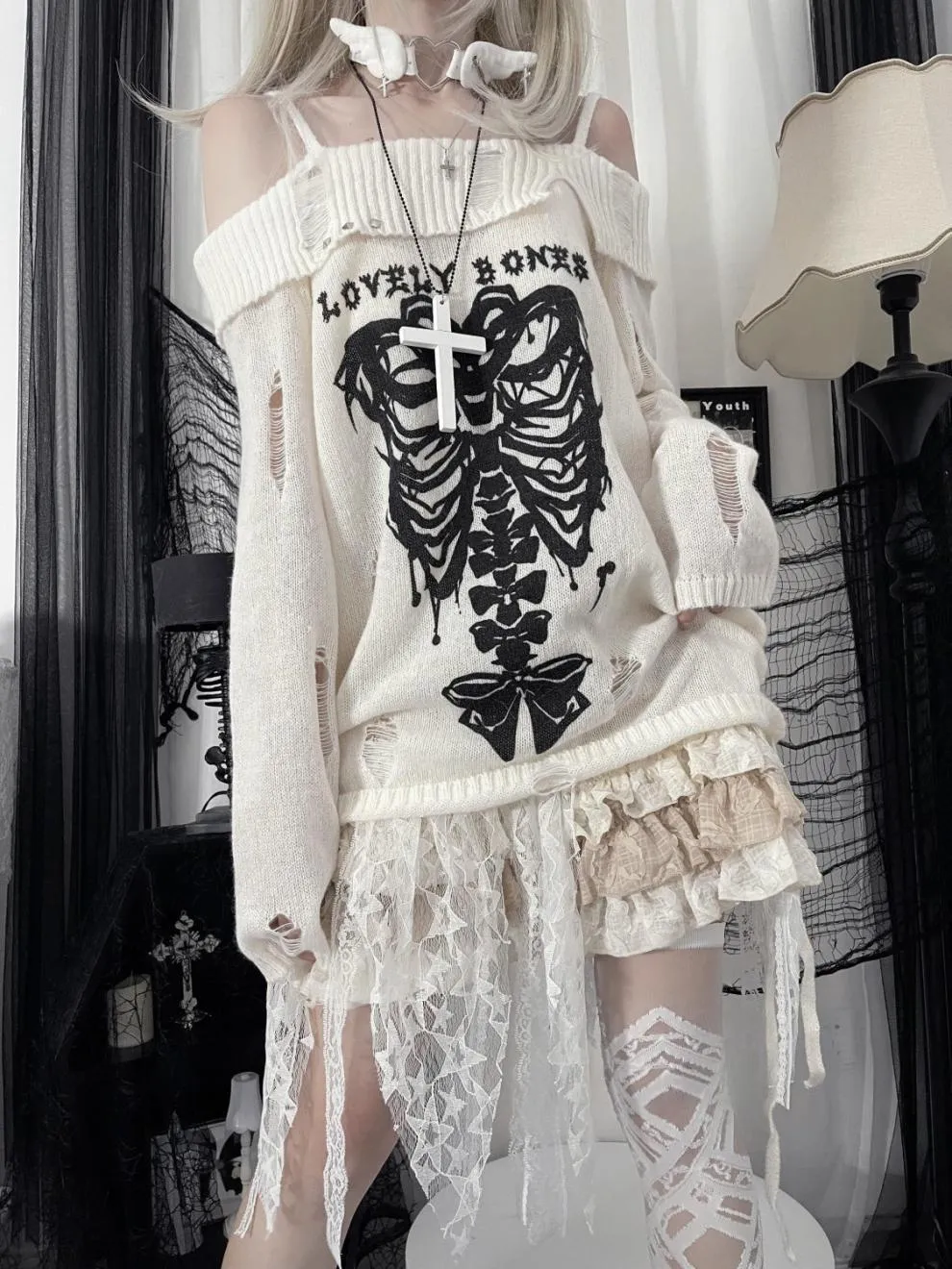 Skeleton Love Ripped Sweater