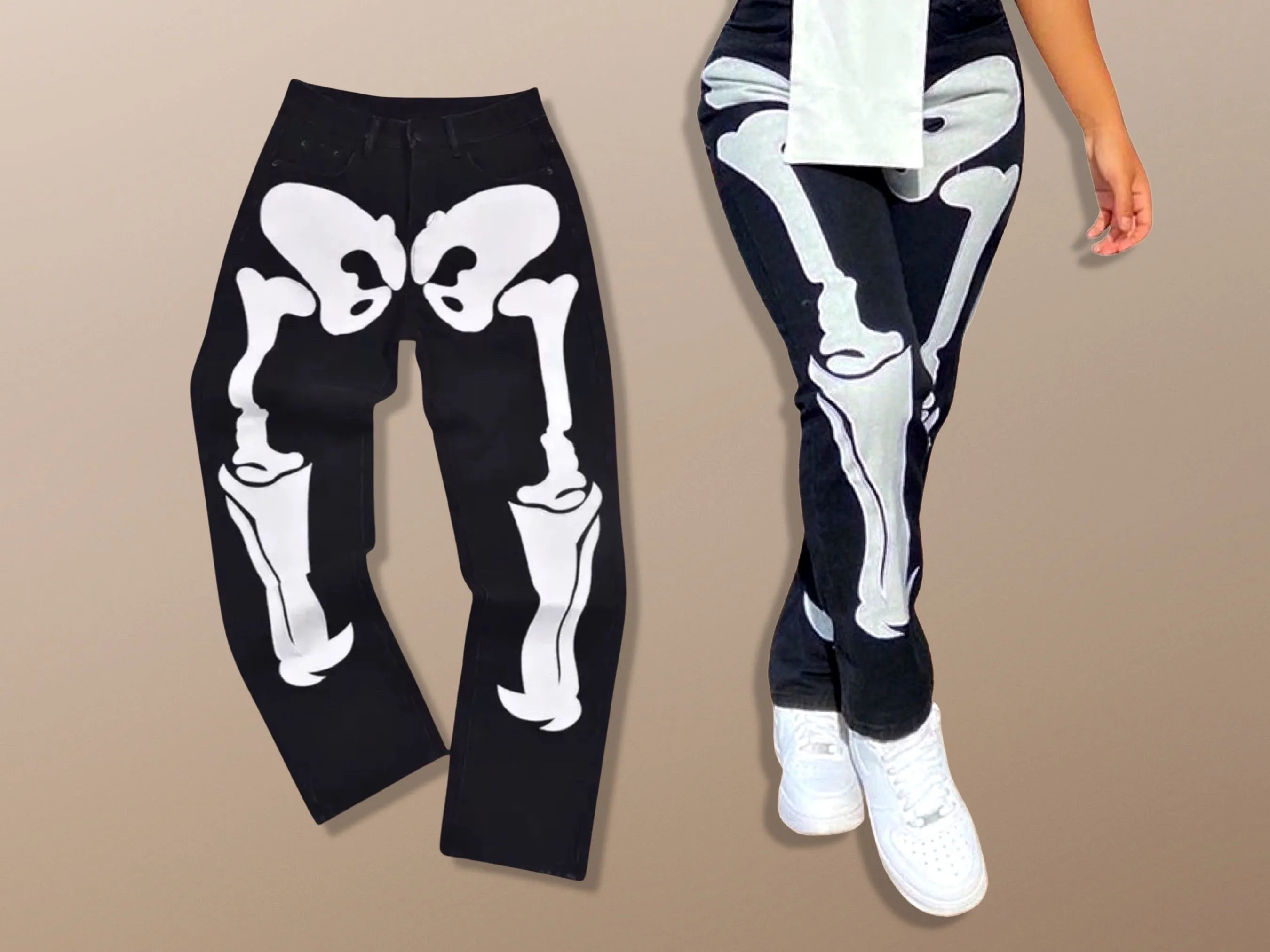 Skeleton Print Harajuku Embroidery Goth Patchwork Jeans